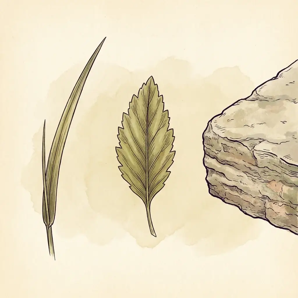 A fine line illustration grouping a single grass blade, a leaf and a paver edge shown in cross-section, on a plain warm background.